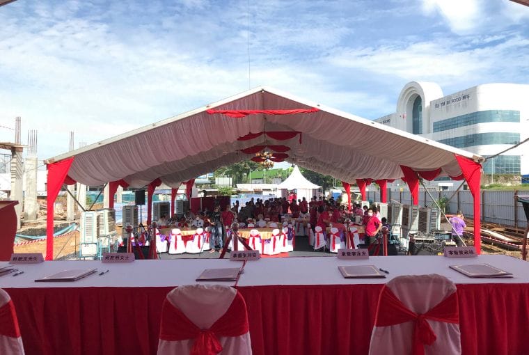 white tables and red skirting long table